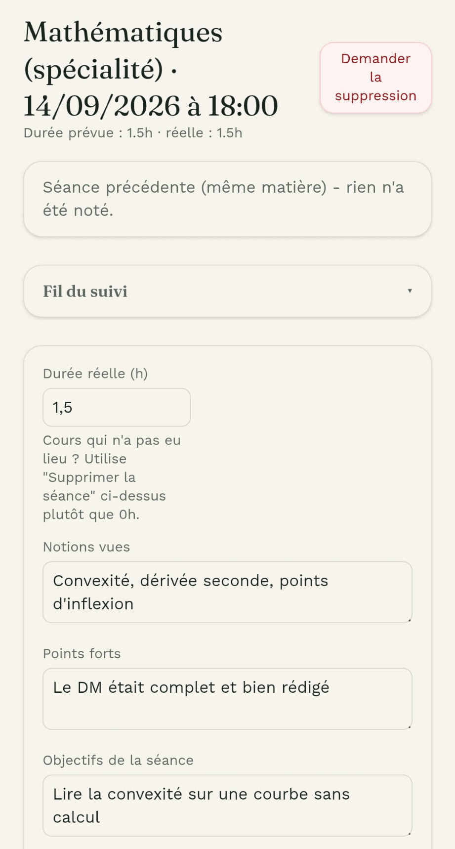 Capture d'écran de ProfMate : la page d'une séance côté professeur, avec le formulaire du compte-rendu (durée réelle, notions vues, points forts, objectifs de la séance).