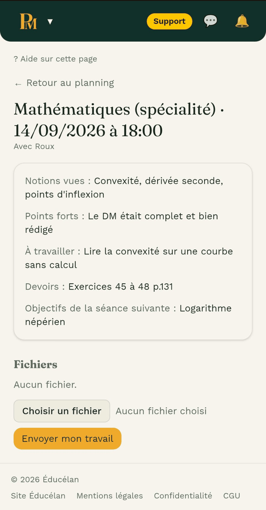 Capture d'écran de l'espace élève de ProfMate : la page d'une séance vue par l'élève, avec le compte-rendu du professeur, la rubrique « Fichiers », encore vide, et le bouton « Envoyer mon travail ».