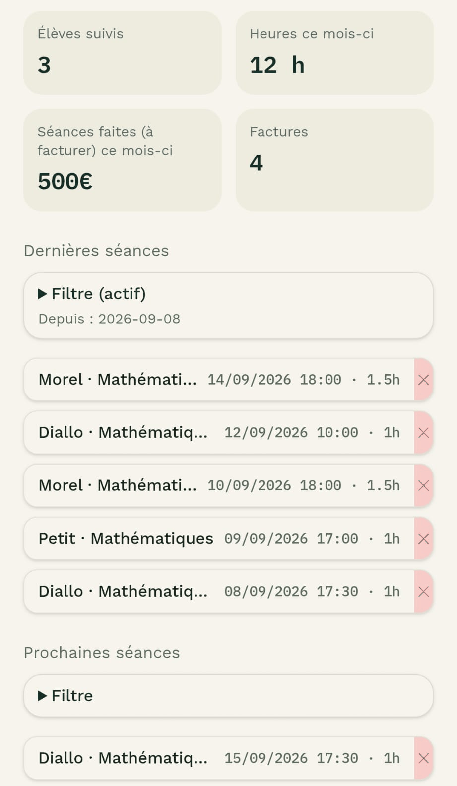 Capture d'écran de ProfMate : les chiffres du mois et la liste des dernières et prochaines séances, avec un filtre.