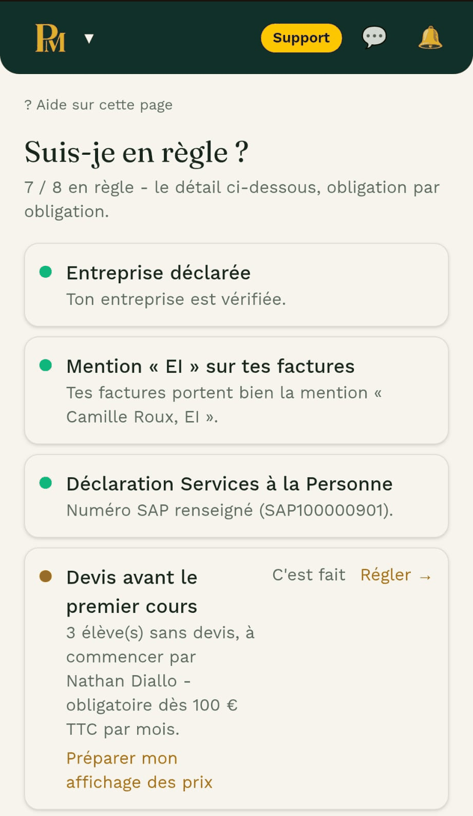 Capture d'écran de l'écran « Suis-je en règle ? » de ProfMate : le score des obligations en règle, puis une carte par obligation d'une activité de service à la personne avec son état.